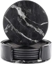 6PCS Coasters For Drinks With Holder Black Marble Texture Round Cup Mat Pad Set