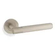 Alexander and Wilks Knurled Spitfire Door Lever on Round Rose Satin Nickel