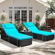 Murago 3 Piece Set, Includes 2 Wicker Chaise Lounge Chairs for Outdoors with Matching Side Table, Idea Oversized Reclining Patio Lounger with Washable Cushions, Light Blue