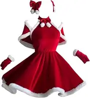 [Oshhni] Women Christmas Dress Halter Dress Velvet Xmas Outfits for Role Play Photo Props
