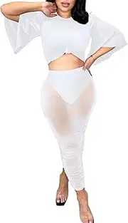 [Mojessy] Sexy 2 Piece Outfit for Women Short Sleeve Crop Top High Waist See Through Sheer Mesh Bodycon Skirt Set