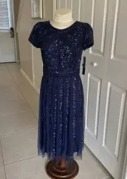 Aidan Mattox NWT Women 6/8 Navy Beaded Formal Evening Gown Midi Dress