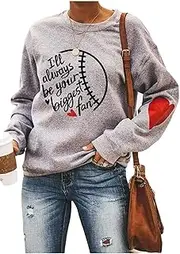 [YINGWIN] Ladies Tops I'll Always Be Your Biggest Fan Baseball Print Casual Loose Round Neck Sweatshirt Y2K Pullover, 5-grey, S