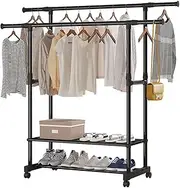 Double Rod Rolling Clothes Rack with Shelves Adjustable Height and Length Portable Metal Garment Rack Clothing Rack with Wheels 2 Tier Shoe Rack for Entryway Corner Bedroom