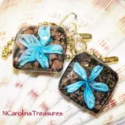 BLUE AQUA DIAMOND GLASS CEILING FAN SWITCH PULL BLACK GLITTER FLORAL LARGE PAIR