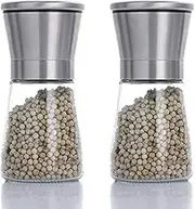 2 Pcs Manual Grinder Glass 304 Stainless Steel Ceramic Core Salt and Pepper Grinder Set, Seasoning Bottle for Black Pepper, Sichuan Peppercorns, Sea Salt (Short)