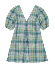 Seersucker Check V-Neck Mini Dress EU44 Green
