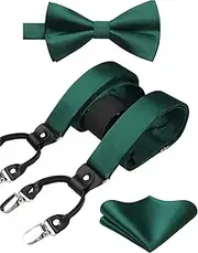 [HISDERN] Floral Paisley Classic 6 Clips Suspenders & Bow Tie and Pocket Square Set Y Shape Adjustable Braces