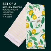 2-PK New KAF HOME Reverse Terry Kitchen Towels Lemons Yellow Stripes
