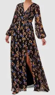 $350 Aidan By Aidan Mattox Women's Black Floral Metallic Maxi Dress Size 2