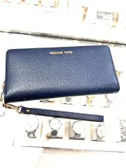Michael Kors Jet Set Travel Continental Leather Long Wallet Wristlet Navy Gold