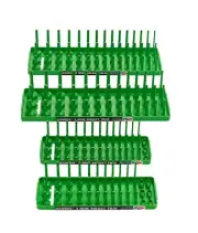 Hansen 4pc Socket Holder Tray Organizer Set 3 Row 1/4" 3/8" Deep Shallow Green