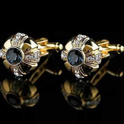 1.10Ct Round Cut Lab Created Blue Sapphire Men's Cufflink 14K Yellow Gold Plated