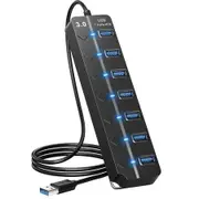 USB Hub 3.0,7-Port USB Hub Splitter with Individual On/Off Switches and Lights,3.2ft/1m Long Cable Compatible with MacBook,Laptop,Surface Pro,PS4,PC,Flash Drive,Mobile HDD