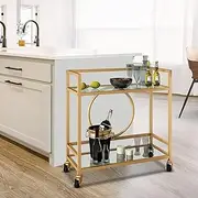 Maxkon Bar Cart Wine Storage Trolley Drink Serving Cart Wine Rolling Trolley with 2 Lockable Casters & 2 Tiers Tempered Glass Gold