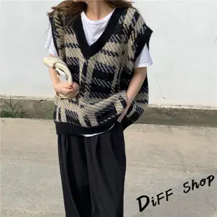 【DIFF】韓版V領條紋針織背心 毛衣 女裝 衣服 保暖上衣 冬裝【W226】