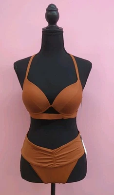 Victoria Secret Push Up Bikini Top 34B & Cinched High Waist Bottom M Cinnamon
