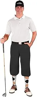 [Golf Knickers] Mens Outfit - Black Microfiber, Limited Edition Ball Cap, Over-The-Calf Argyle Socks, White Golf Shirt
