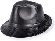 KJIASDFE Winter Hats,Leather Fedoras Hat Sheepskin Big Brim Jazz Cap Party Bowler Gentleman Hats Classic Cap Black