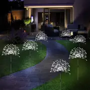 Solar Pathway Lights 2Sets Waterproof Garden Solar 4-IN-1 Set Firework Lights with Remote 8 Modes 120 LED Starburst String Lights Christmas Fairy Light -White