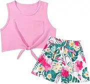 [WISREMT] Girls 2 Piece Summer Outfits Tie Knot Tank Top and Paperbag Waist Shorts with Pockets Printed Clothes Set 8-13Y