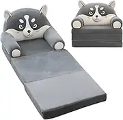 Plush Foldable Kids Sofa, Children Couch Backrest Armchair Bed with Pocket and Handle, Upholstered 2 in 1 Flip Open Infant Baby Seat for Living Room Bedroom (Grey, Husky)