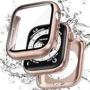 Zumyzu 2 in 1 Waterproof Case Compatible with Apple Watch 45mm Series 9/8/7 with Tempered Glass Screen Protector, Full Coverage Bumper Cover for iWatch Case 45mm Rose Gold