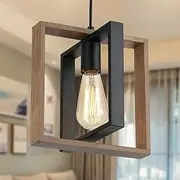Vintage Industrial Wood Pendant Light Black Dining Room Light Retro E27 Pendant Lamp Living Room with Metal Base Traditional Pastoral Hanging Ceiling Light for Farmhouse Kitchen Hallwa