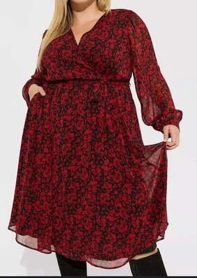 TORRID NWT $89 Midi Crinkle Chiffon Surplice Balloon Sleeve Dress Size 1X