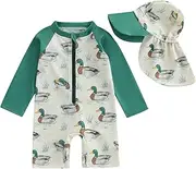 [LYSINK] Toddler Baby Boy 2 Pieces Swimsuit Long Sleeve Zipper Rash Guard Swimwear Summer Bathing Suit with Sun Hat Set