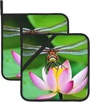 Dragonfly On Lotus Flower Potholders BBQ Pot Holders for Heat Resistant Potholder, Hot Pads,Cooking Baking(2-Pack)