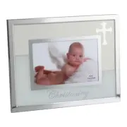 Children's Glitter Christening Photo Frame & Silver Trim Border with Cross Gift