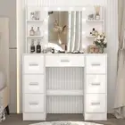 Large Vanity Desk Set LED Cosmetic Mirror with 7 Drawers White Modern Dresser