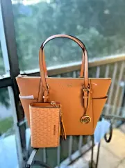 Michael Kors Charlotte Large Leather Top-Zip Tote Bag+Double Zip Wallet -Cider