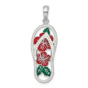 Sterling Silver De-Ani Rhodium-Plated Enameled Hibiscus Flower Flip-Flop Pendant