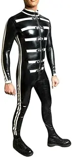 [DAIJES] Black and White Latex Catsuit with Zipper Front Strips at Two Sides Buckles Rubber Body Suit Bodysuit Zentai