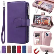 For iPhone 16e 15 14 13 12 11 Pro Max 8 Detachable Zip Leather Wallet Case Cover
