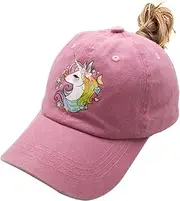 [Hatwell] Girls' Adjustable Cute Unicorn Ponytail Cap, High Buns Baseball Dad Hat for 3-12 Years Pink, pink, One size