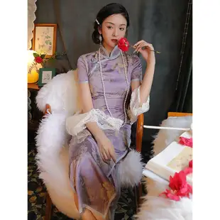 Kayee S-3XL大尺碼洋裝 紫色旗袍新款少女年輕款氣質高級復古中國風改良式旗袍 婚禮洋裝喜宴禮服尾牙春酒主持人長裙