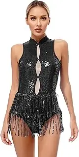 [Sxiwei] Womens Sequins Jazz Leotard Fringed Bodysuit Tassel Latin Dance Costume Performance Dancewear