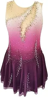 [Zagitova] Figure Skating Dress for Girls, Ice Skating Costumes, Sleeveless Gradient Dance Dress with Rhinestones