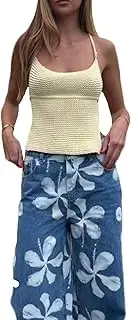 [SOLILOQUY] Women Y2K Coquette Knit Cami Top Tie Up Sleeveless Open Back Solid Halter Neck Tank Top 2000S Aesthetic Streetwear