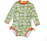 [Nalulu] Baby Girls One-Piece Swimsuits Ruffle UPF 50+ Sun Protection L/S Zipper and Buttons Sunsuits/Rash Guard with Sun Cap