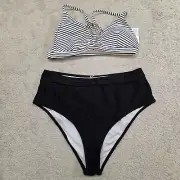 Women's Hit Summer Stripe Crisscross Bikini Set Black/White XLarge NEW