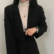 Set: Single-Button Cropped Plain Blazer + Buttoned Mini Skirt Top - Black - M