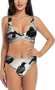 [EdWal] Black Crow Birds on a Branch Print Bikini Set for Women Halter Strapless Ruched Color Block Trim Swimsuit 2 Piece for Women