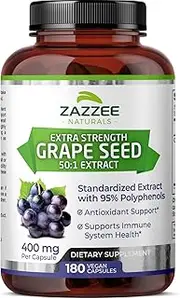 Zazzee Grape Seed Extract, 180 Veggie Caps, 400 mg, 6 Month Supply, Minimum 95% Polyphenols (Proanthocyanidins), Vegan, Non-GMO and All Natural