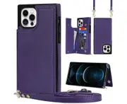 For iPhone 14 Pro Wallet Case with Strap - Purple