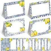 Jetec 48 Pcs Capri Lemon Place Cards Lemon and Blue Tile Table Name Cards Tent Card Buffet Card Food Label for Table Setting Birthday Bridal Shower Italy Yellow Lemon and Amalfi Coast Party Decoration