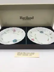 2 Haviland Limoges Coasters - Presentation Box Pink Blue Floral